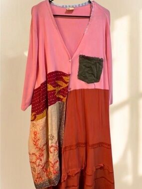 The Morgan Factory Upcycled Boho Patchwork Maxi Cardigan - Pink, Rust, Olive
